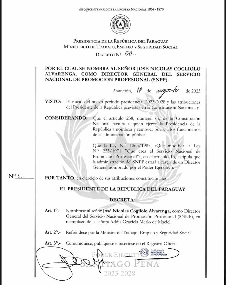 Decreto que designa a José Cogliolo al frente del SNPP.