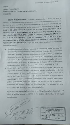 Reiteración de pedido de informe del concejal departamental de Itapúa, Oscar Flecha, sobre el destino de más de G. 5.000 millones del dinero público.