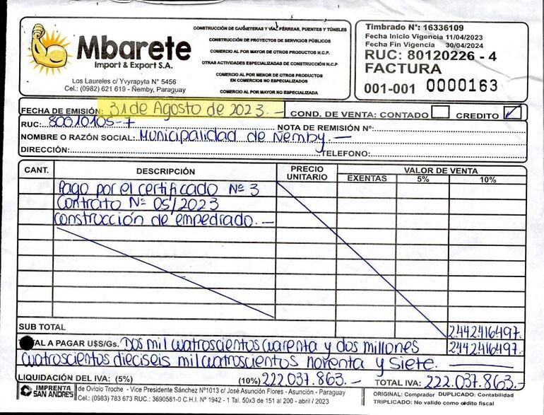 Factura presentada por la empresa Mbarete Import & Export SA por la suma de más de G. 2.44 millones a la municipalidad de Ñemby por obras realizadas.