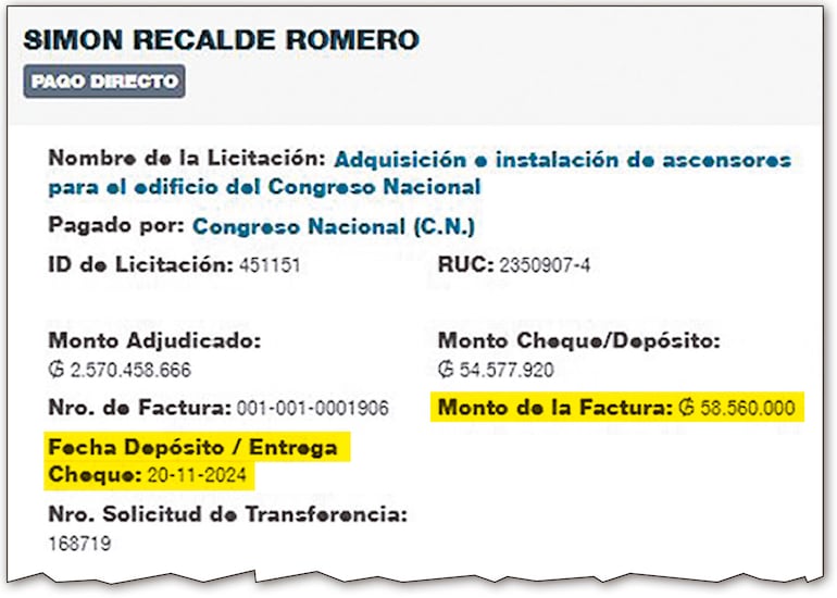 Uno de los pagos por G. 58 millones que realizó el Congreso Nacional el 20 de noviembre último.