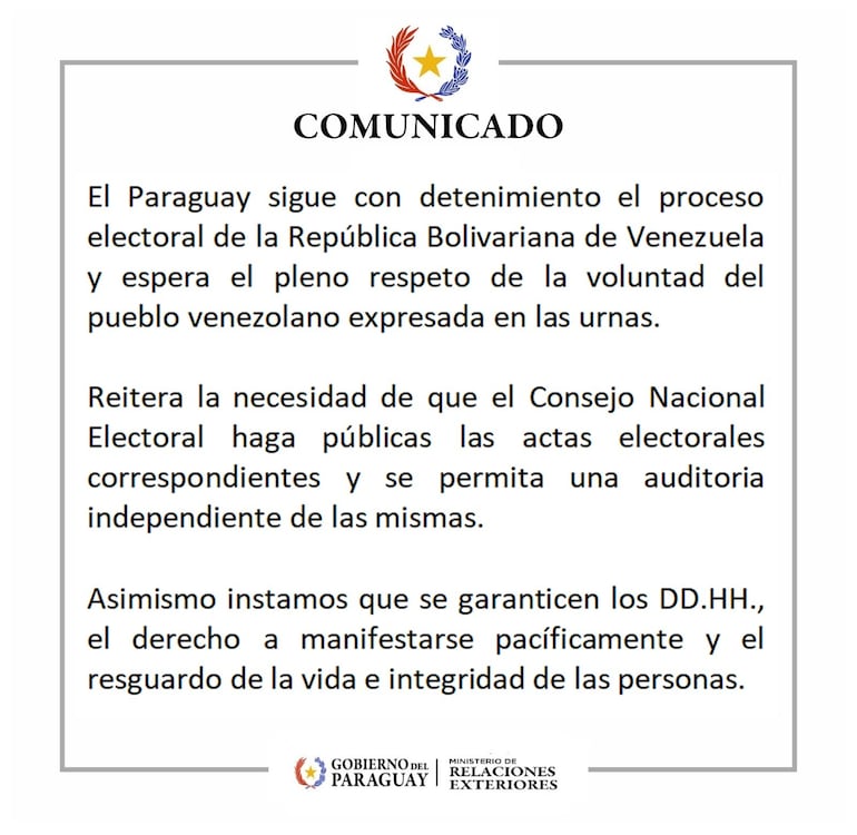 Comunicado del MRE de Paraguay sobre crisis en Venezuela por elecciones.