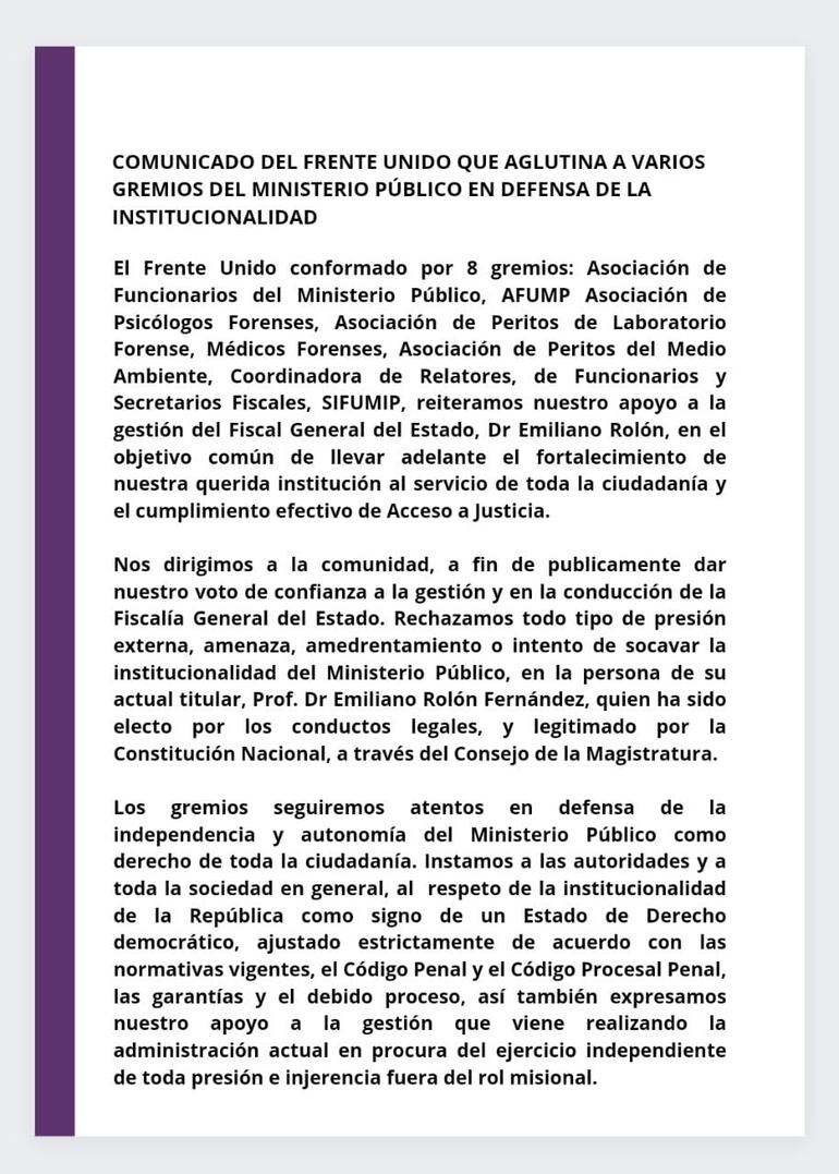 Comunicado a la opinión pública en rechazo a amenazas de destitución al Fiscal General del Estado.