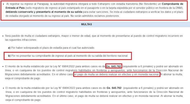 En la página de la Dirección de Migraciones, en su apartado de ingreso y salida del Paraguay, menciona la existencia del comprobante y la obligatoriedad de presentarlo a su salida.