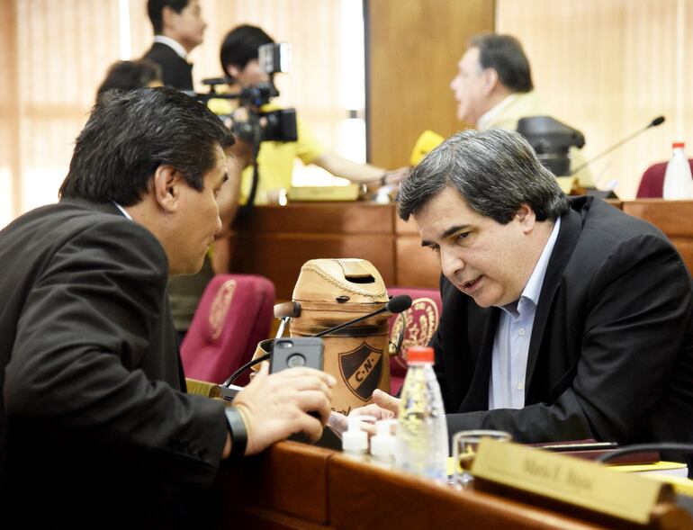 El senador del Frente Guasu  Carlos Filizzola (der.) conversa con su colega Blas Lanzoni (PLRA, llanista) durante una de las sesiones de la Cámara Alta.