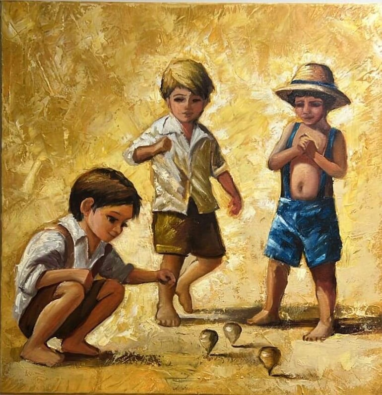 Niños jugando al trompo en una de las pinturas de Patricia Gil, que serán expuestas en Casa Hassler de San Bernardino.