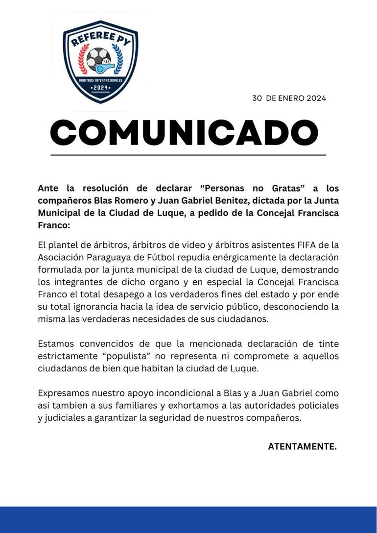 Comunicado de Referee Py sobre la situación de árbitros Romero y Benítez.