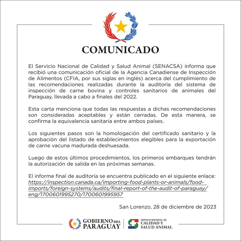 Comunicado de Senacsa sobre el envío de carne paraguaya a Canandá.