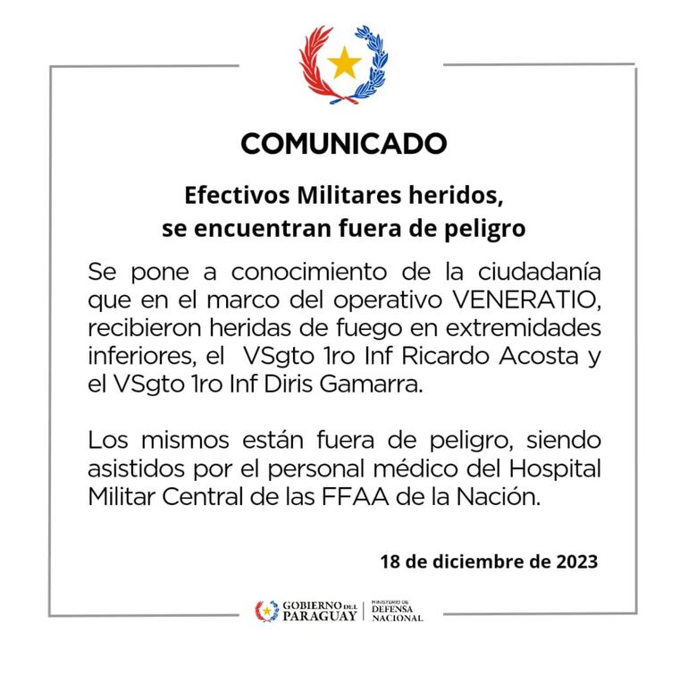 Comunicado del Ministerio de Defensa sobre militares heridos durante el Operativo Veneratio.