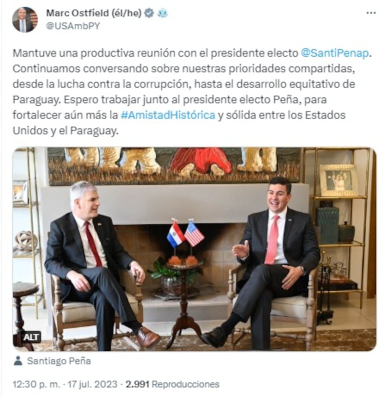 El embajador de Estados Unidos Marc Ostfield, sobre su reunión con Santiago Peña.