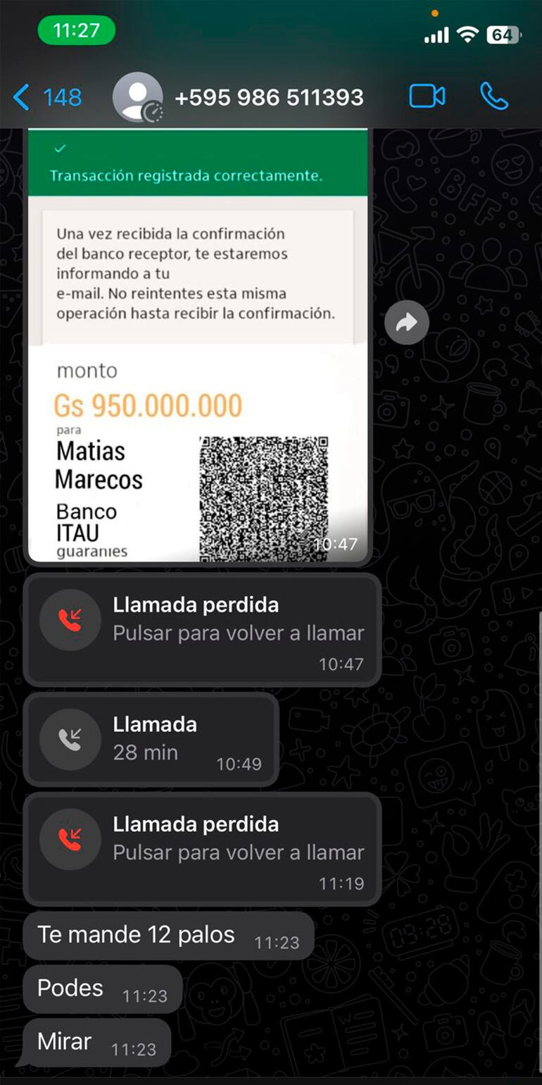 Captura de pantalla del número de celular que usó el estafador.