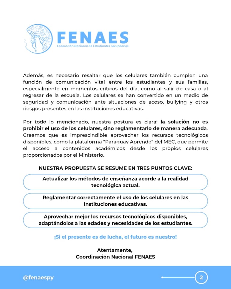 Propuestas de la Fenaes para regular la utilización de aparatos celulares en las instituciones educativas.