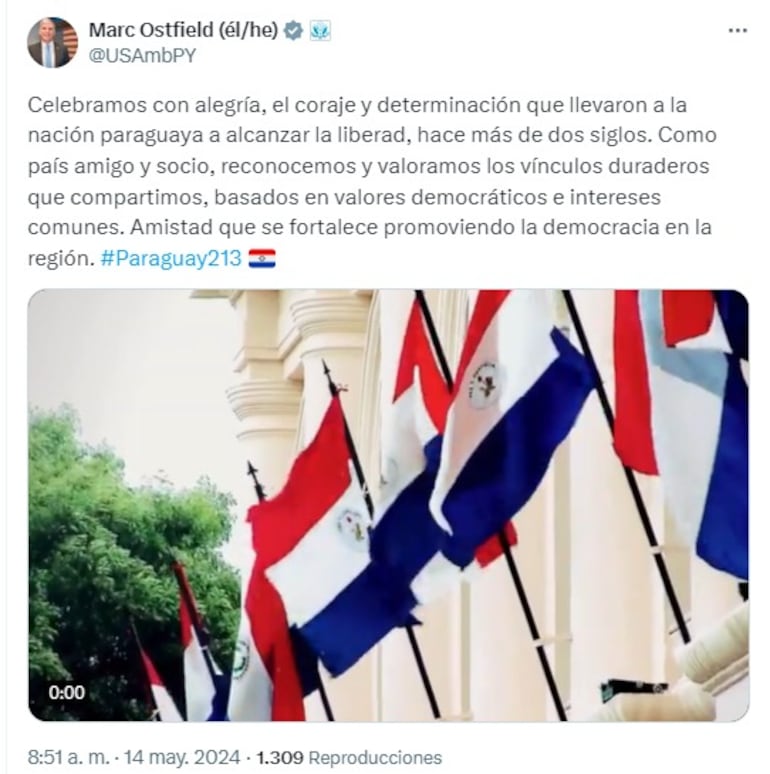 Mensaje del embajador de los EE.UU. En Paraguay, Marc Ostfield, con motivo de los 213 años de vida independiente.