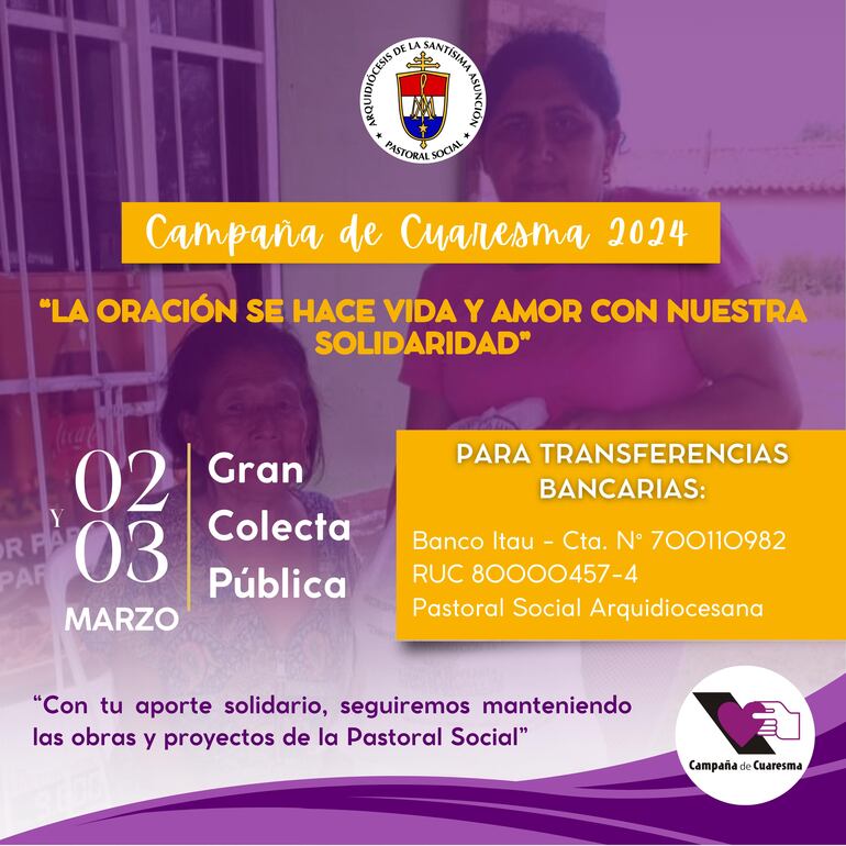 Los datos de la campaña de  Cuaresma 2024 que organiza la Arquidiócesis de Asunción.