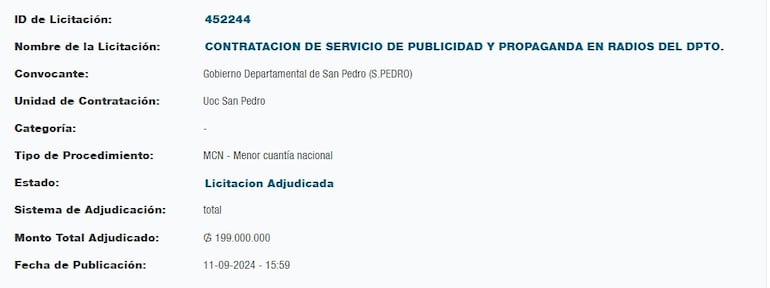 Registro de adjudicación de la Gobernación de San Pedro para propaganda. 