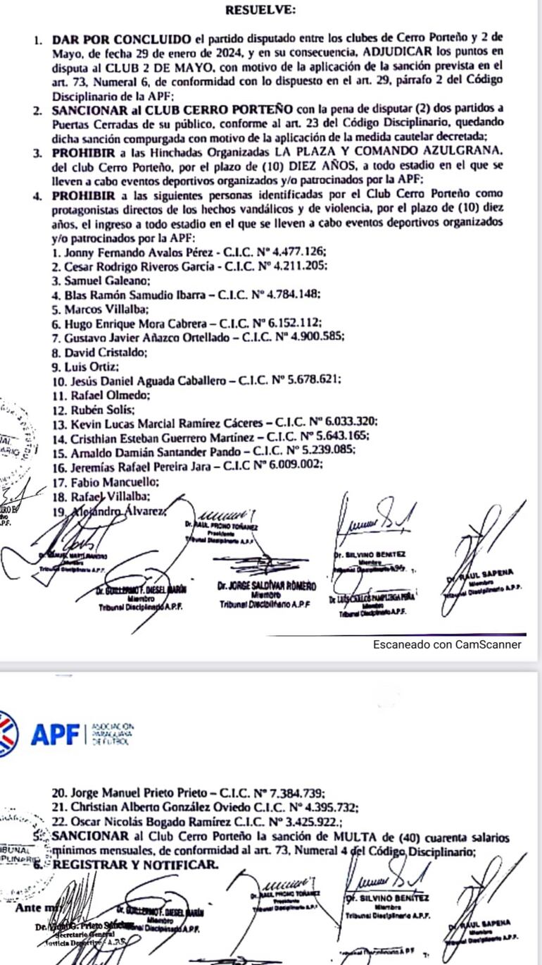 La resolución del Tribunal Disciplinario de la APF sobre el partido suspendido entre Cerro Porteño vs. 2 de Mayo.