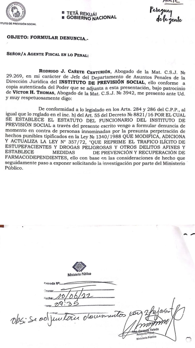 Denuncia presentada por IPS sobre la venta ilícita de sus medicamentos.