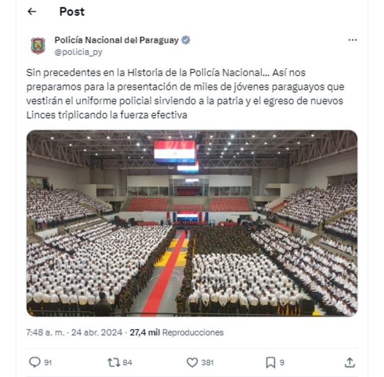 En sus redes sociales, la Policía Nacional se jactó por la magnitud del acto, ignorando lo sucedido.