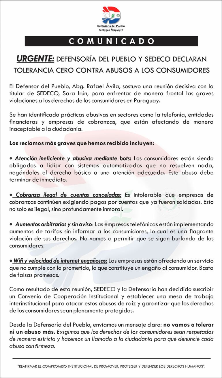 Comunicado conjunto de Sedeco y Defensoría del Pueblo.