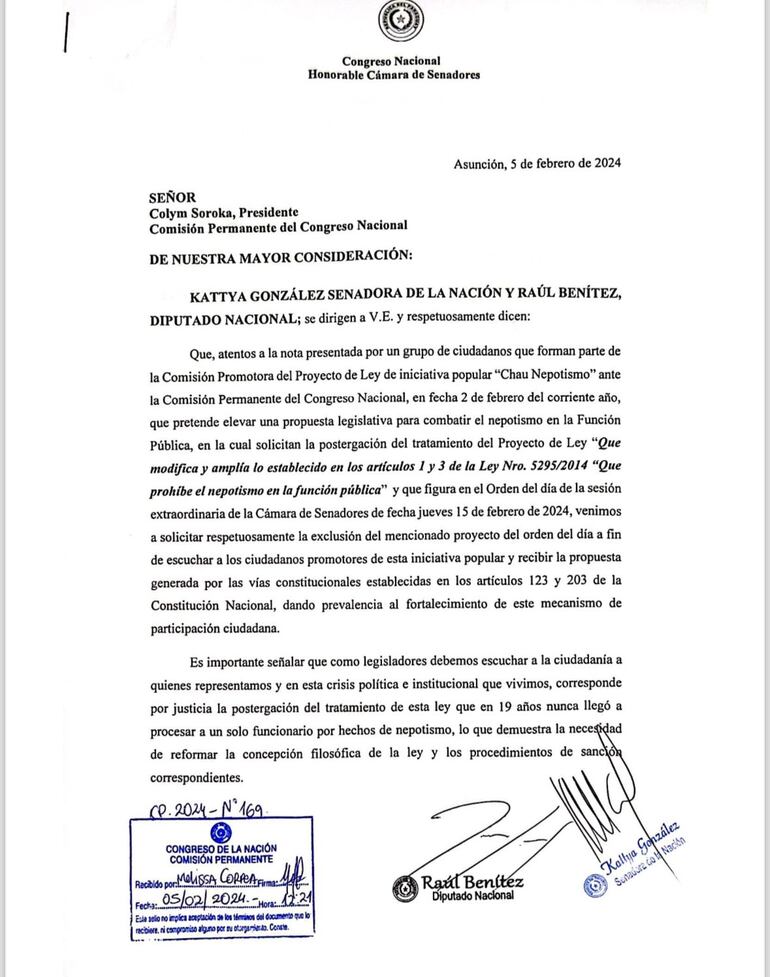 La senadora Kattya González y el diputado Raúl Benítez piden la postergación del proyecto de ley planteado, hasta escuchar al pueblo.