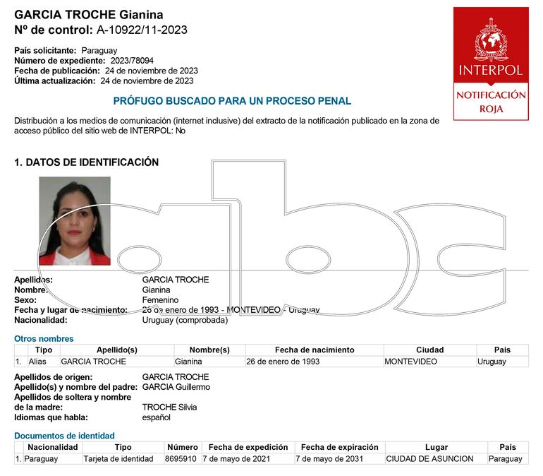 Notificación roja de Interpol de Gianina García Troche.