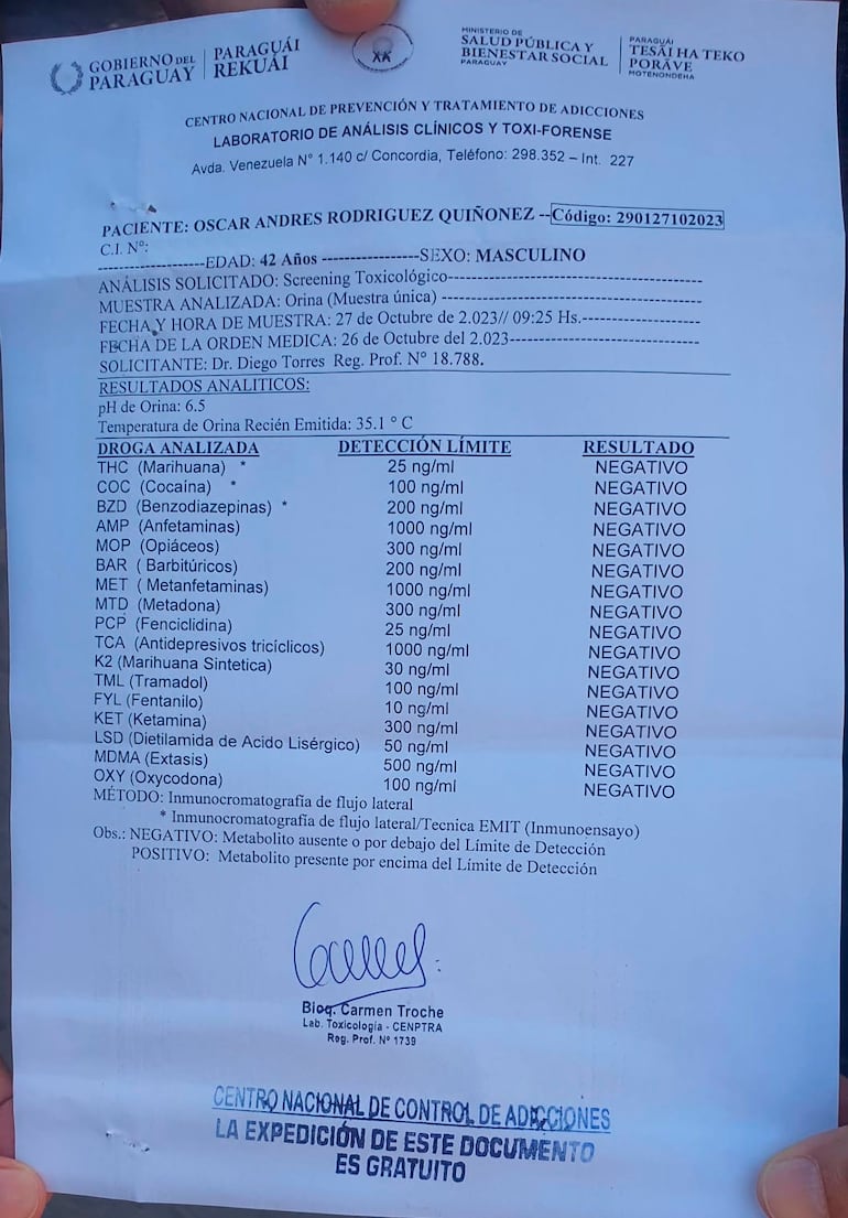 El resultado del test toxicológico de Óscar "Nenecho" Rodríguez.