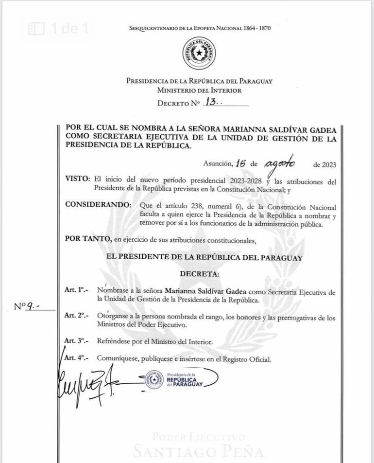 Decreto donde designan a Marianna Saldívar como Secretaria Ejecutiva en la Presidencia de la República.