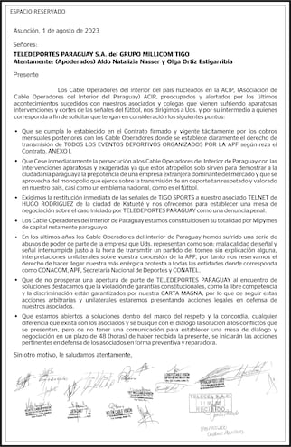 La Asociación de Cable Operadores del Interior del Paraguay (ACIP) remitió una nota a Teledeportes Paraguay S.A. del Grupo Millicom Tigo.