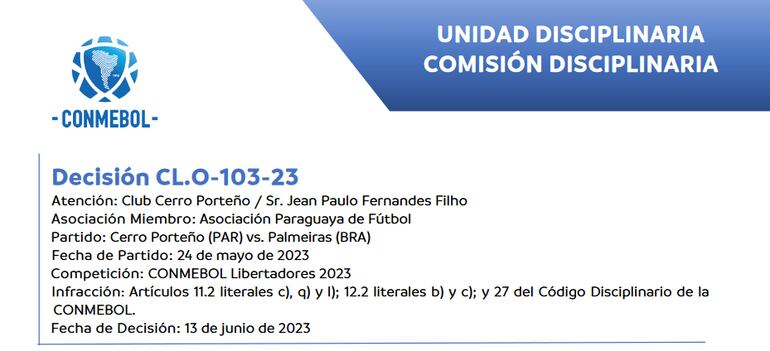 Multa y advertencia al Club Cerro Porteño / Sr. Jean Paulo Fernandes Filho