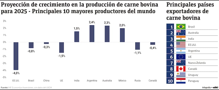 Proyección de crecimiento en la producción de carne bovina para 2025 - Principales 10 mayores productores del mundo