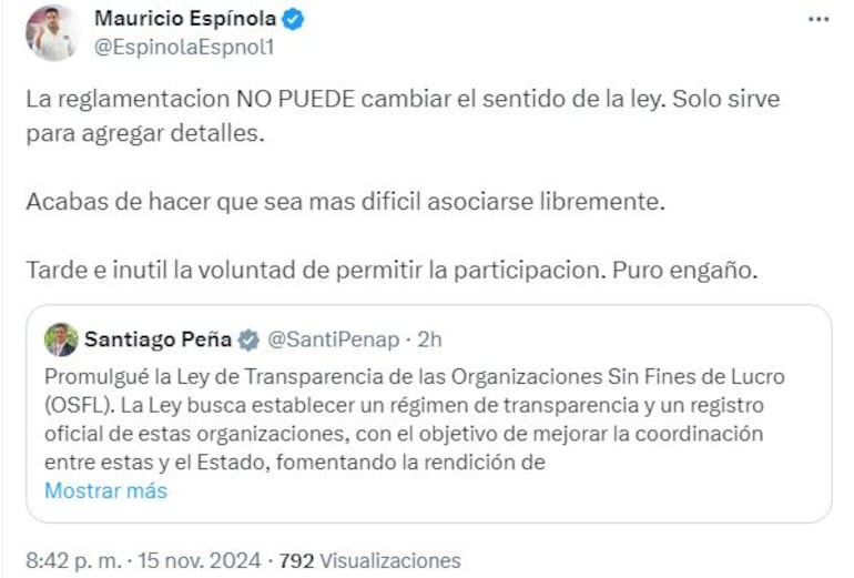 Posteo de Mauricio Espínola sobre promulgació de ley anti ONG.