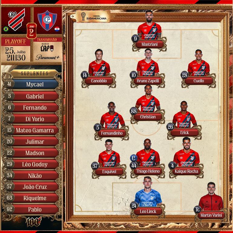 La formación de Athletico Paranaense para enfrentar a Cerro Porteño.