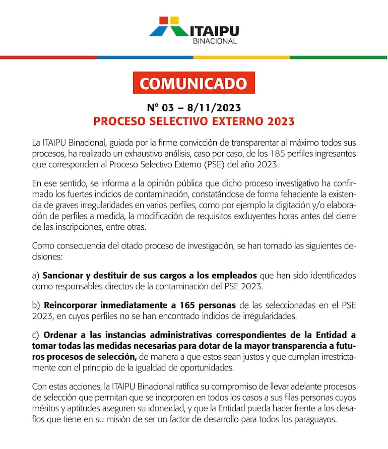 Comunicado de la Itaipú Binacional sobre investigación del Proceso Selectivo Externo (PSE) del año 2023.