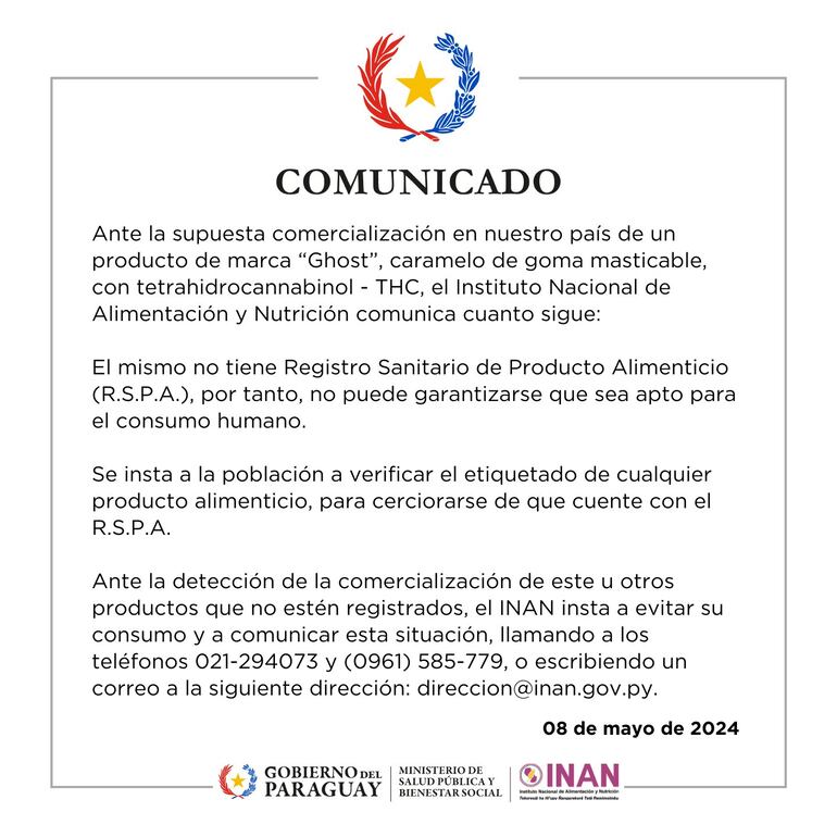 Comunicado del INAN sobre estos productos.