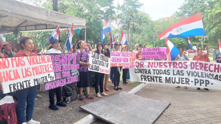 Los carteles que colocó el Frente Mujer del Partido Paraguay Pyahurá (PPP) en el marco del mitin por el 25N.