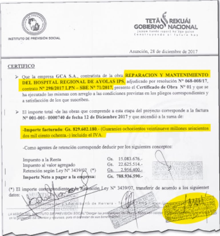 Certificado y orden de pago obrante en IPS que firmó Jorge Brítez el 28 de diciembre de 2017.