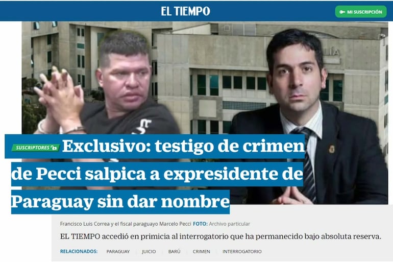 Portada del diario El Tiempo de Colombia, sobre la declaración en la que ya se mencionaba a un narco y un expresidente, que fue filtrada por la Fiscalía de Colombia justo ahora, antes del juicio contra Margareth Chacón.