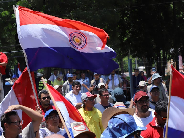 Manifestación contra la aprobación de la ley que crea la Superintendencia de Jubilaciones y Pensiones. Manifestantes ondean banderas de Paraguay.