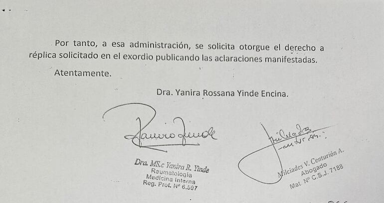 Carta de Yanira Rossana Yinde a la directora.