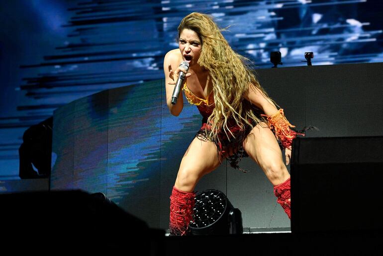 Colombian singer Shakira performs with Argentine record producer and songwriter Bizarrap on the Sahara Stage during the Coachella Valley Music and Arts Festival in Indio, California, on April 12, 2024. (Photo by VALERIE MACON / AFP)