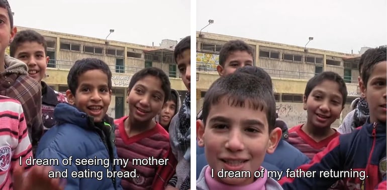 Sueños de niños: "Yo sueño con ver a mi mamá y comer pan", "Yo sueño que mi padre regresa".
Del documental "Little Palestine; Diary of a Siege" (2021), dirigido por Abdallah Al Khatib.