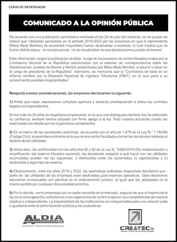 Comunicado de ALDIA S.A. y CREATEC S.A. a la opinión pública