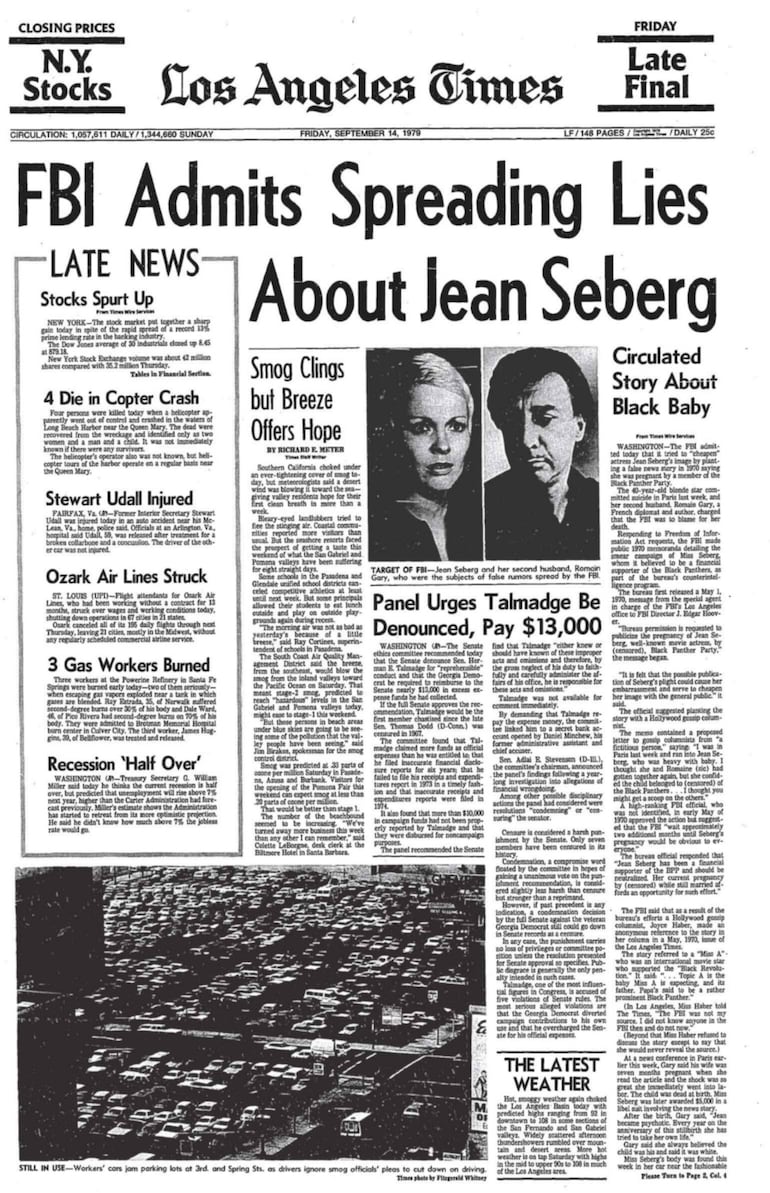 “El FBI admite que difundió mentiras sobre Jean Seberg” (“FBI Admits Spreading Lies about Jean Seberg"), portada de Los Angeles Times, 14/09/1979.