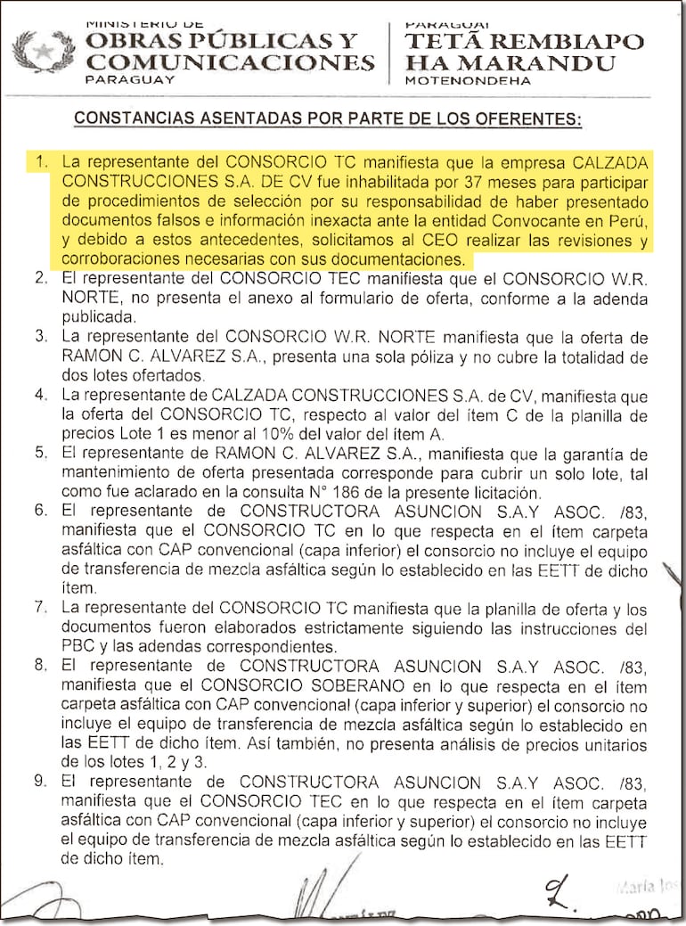 En el acta de apertura un oferente dejó constancia del historial de Calzada Construcciones.