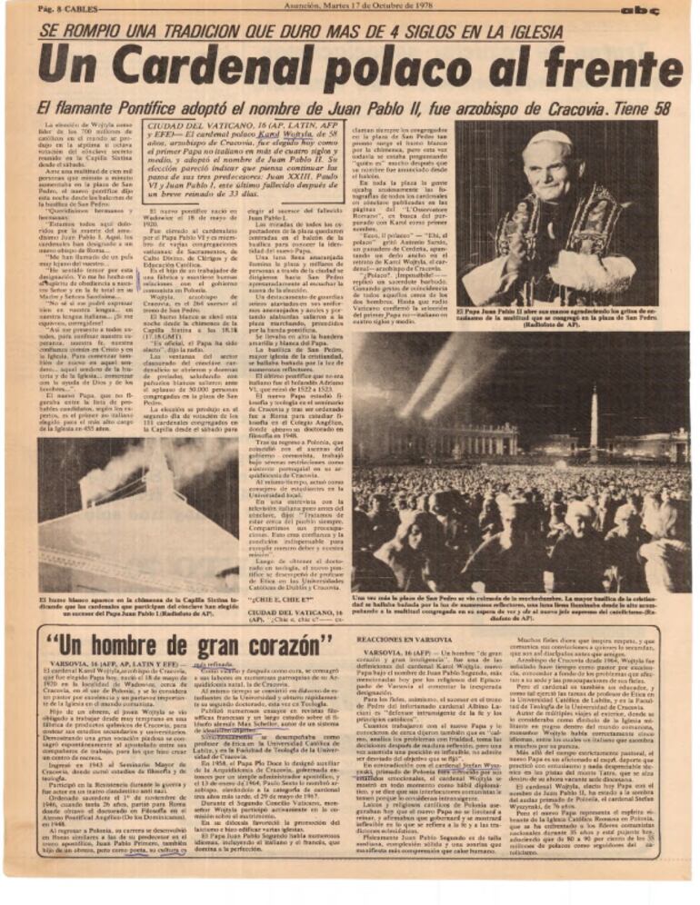 Publicaciones de ABC Color del 17 de octubre de 1978. Eligieron a Juan Pablo II como papa.