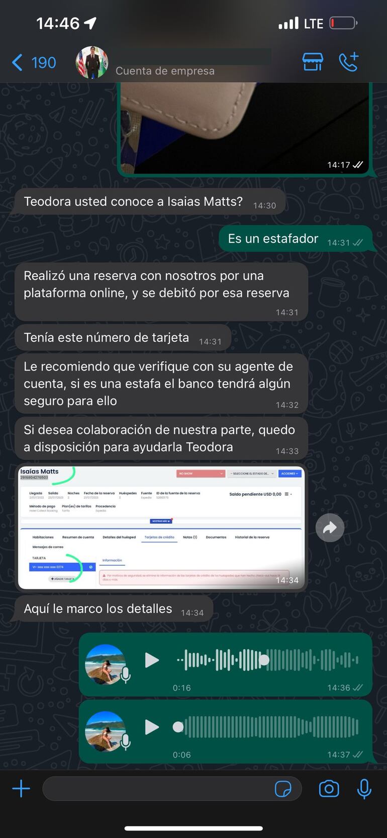Una de las capturas compartidas por Teodora donde figura una reserva a nombre de Isaías.