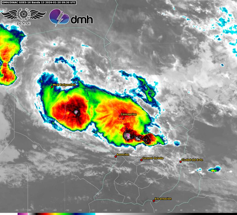 Imagen satelital de las nubes de tormenta sobre el territorio paraguayo.