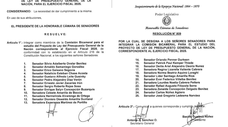 Facsímiles del listado de Senadores miembros de la Comisión bicameral que estudiará el Presupuesto General 2025.