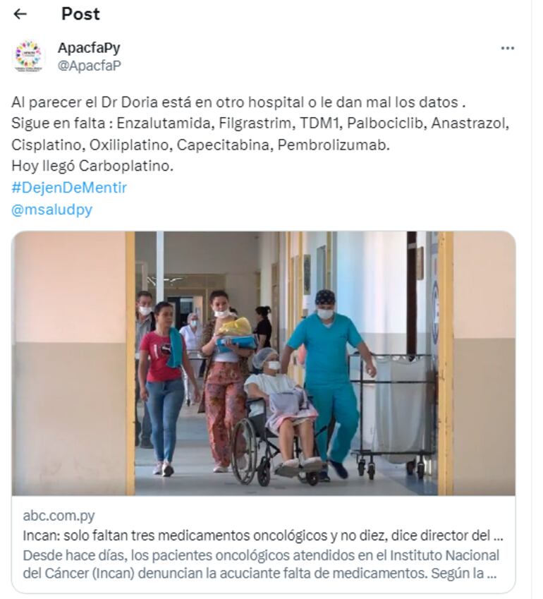 La Asociación de Pacientes con Cáncer y Familiares ratificó la lista de medicamentos en falta e ironizó sobre las afirmaciones del doctor Raúl Doria. Dicen que al parecer el director del Incan "está en otro hospital".