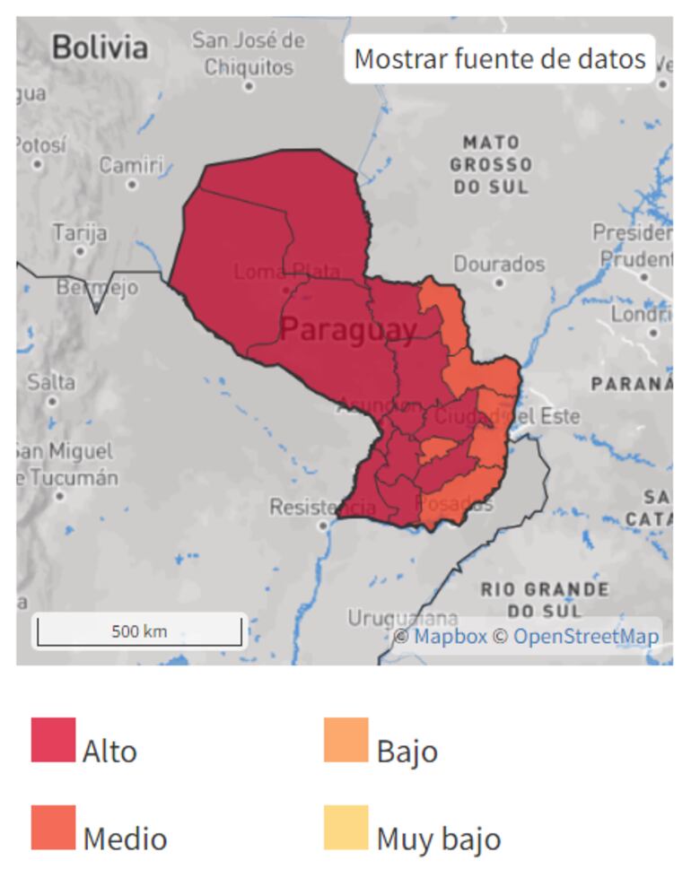 Mapa de calor extremo con nivel de peligro alto para Paraguay.