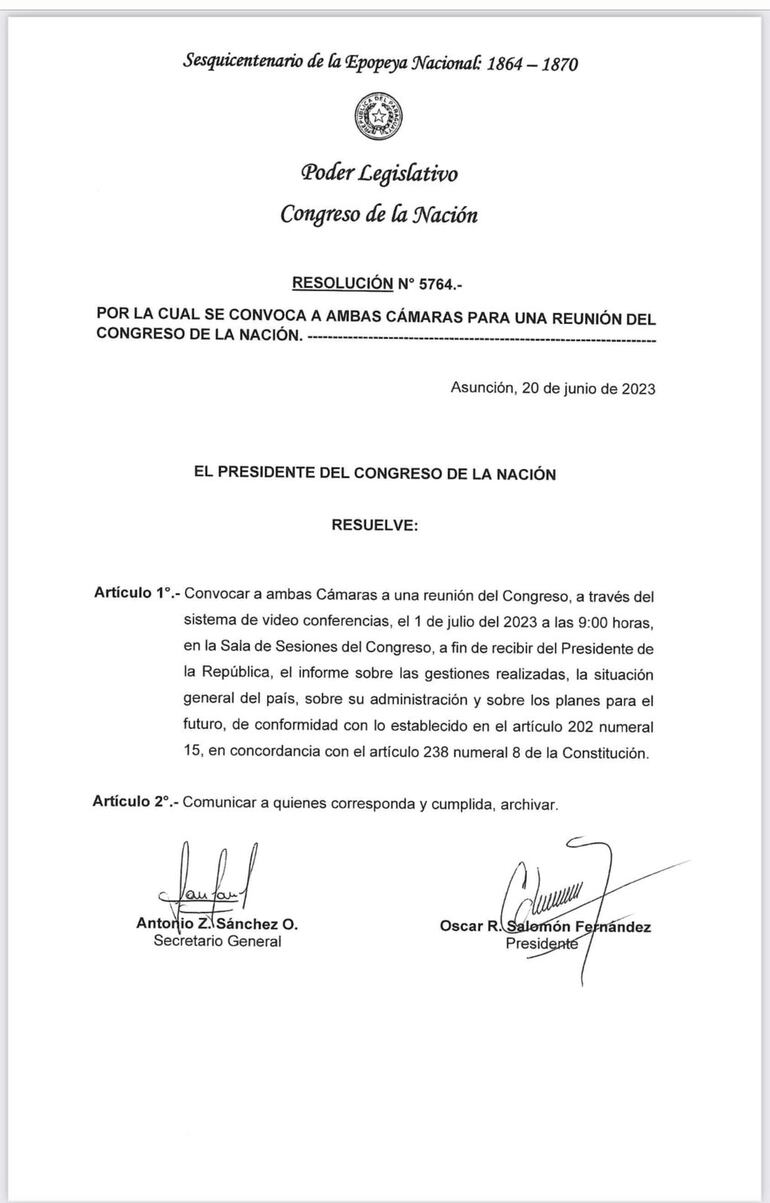 Convocatoria a la reunión bicameral en el Congreso Nacional para recibir a Mario Abdo Benítez de forma virtual.